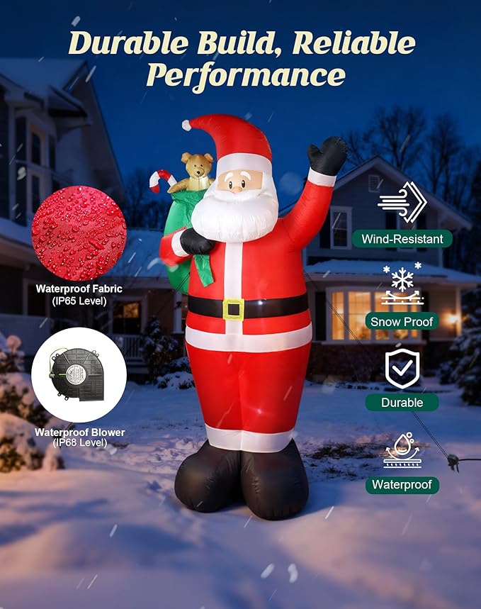 8 FT Christmas Inflatables Outdoor Decorations, Santa Claus with Candy and Gift Bag, LED Lighted Blow Up IP68 Weatherproof Standing Santa Xmas Indoor Outdoor Decor for Yard Garden Lawn Mall Party