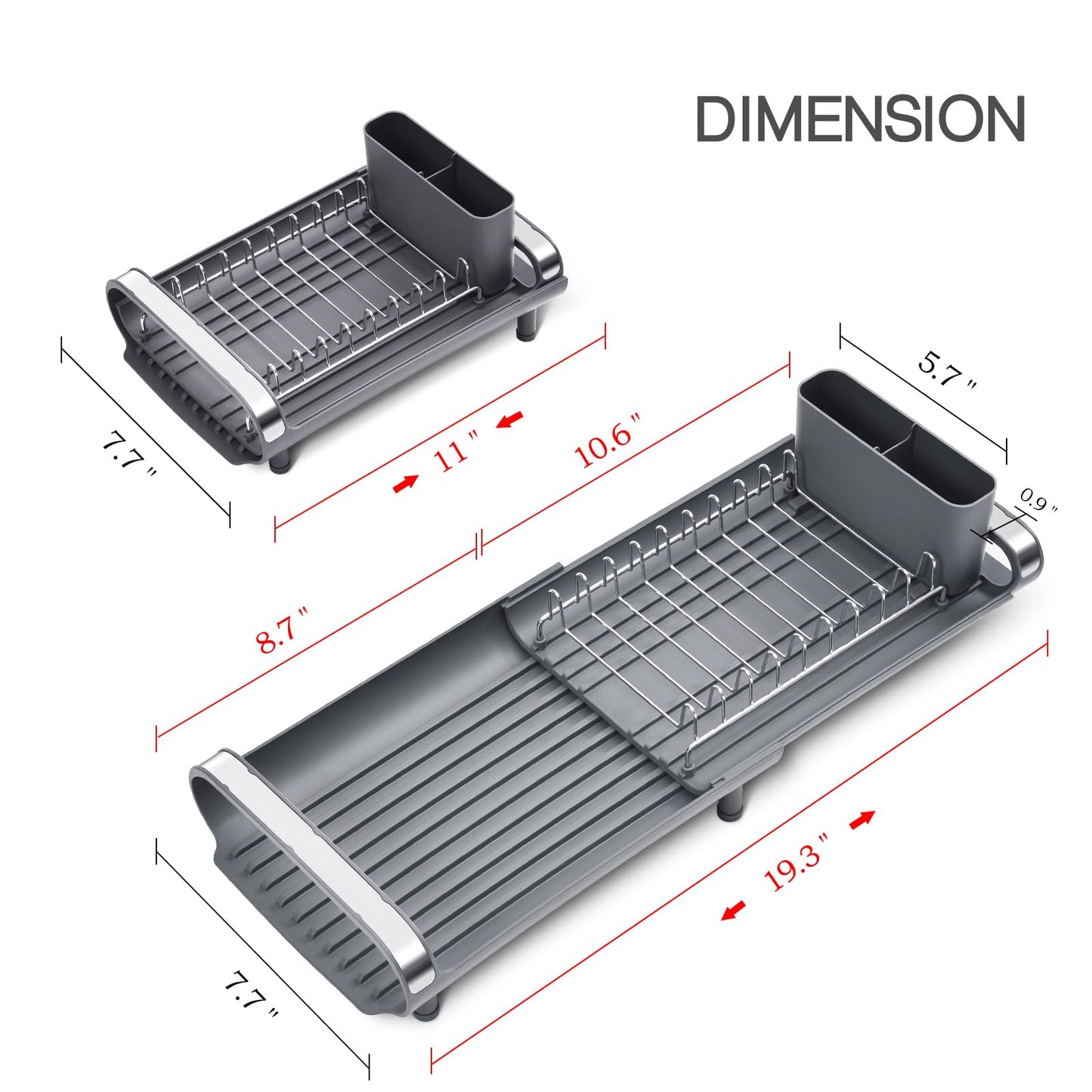 TOOLF Expandable Dish Rack, Compact Dish Drainer, Stainless Steel Dish Drying Rack with Removable Cutlery Holder, Anti Rust Plate Rack, Small Sink Drainer for Sink or Kitchen Countertop