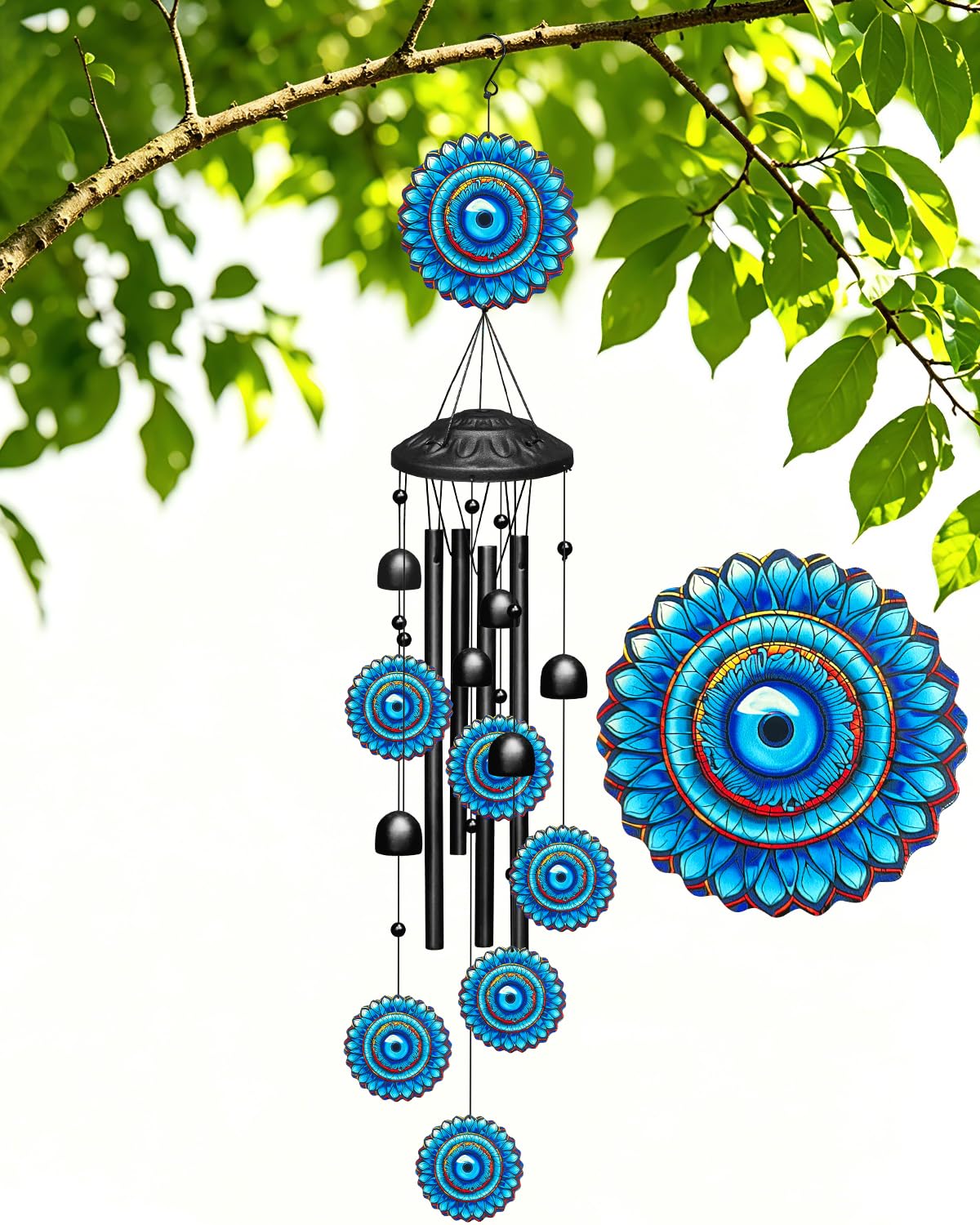Evil Eye Wind Chimes for Outside Boho Decor, Large 35.4" Anti-Tangle Clapper-Free Tube Windchime, Radiant Sunflower Mandala Patio Ornament, Soothing Melodic Metal Bells for Garden, Yard, Balcony