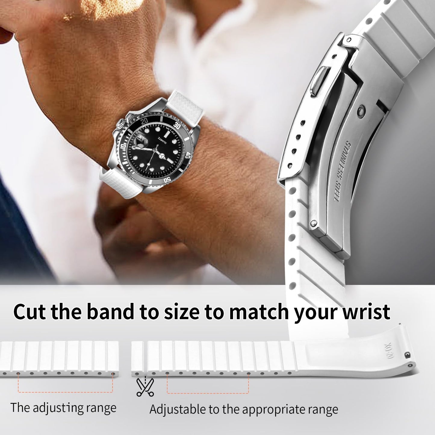 ULLCHRO FKM Rubber Watch Strap, Cut to Size Quick Release Fluororubber Watch Band Soft Replacement Watchband with Silver Milled Clasp for Men Women 18mm 19mm 20mm 21mm 22mm (20mm, White)