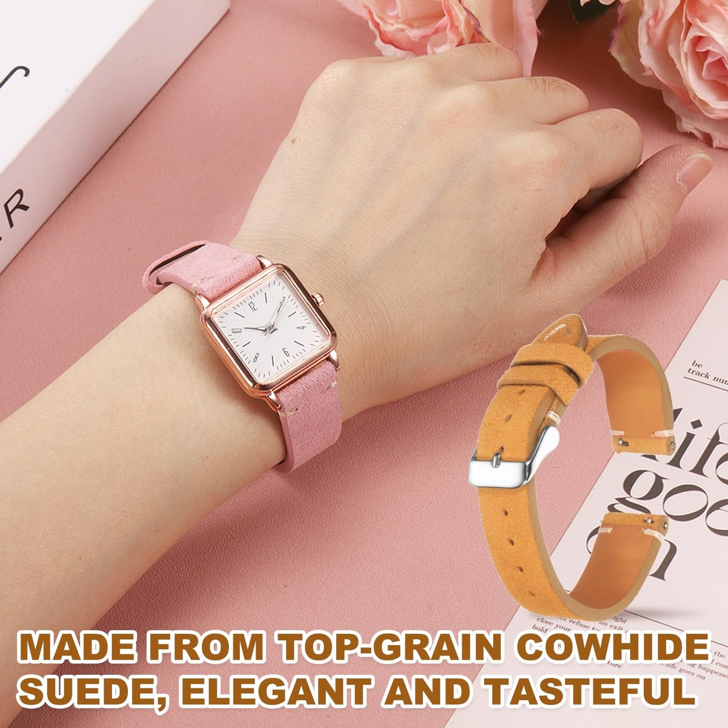 HARFINGTON Leather Watch Band 19mm Width Watch Strap Top-Grain Suede Cowhide Wrist Bands Replacement with Stainless Steel Buckle for Men Women, Light Brown