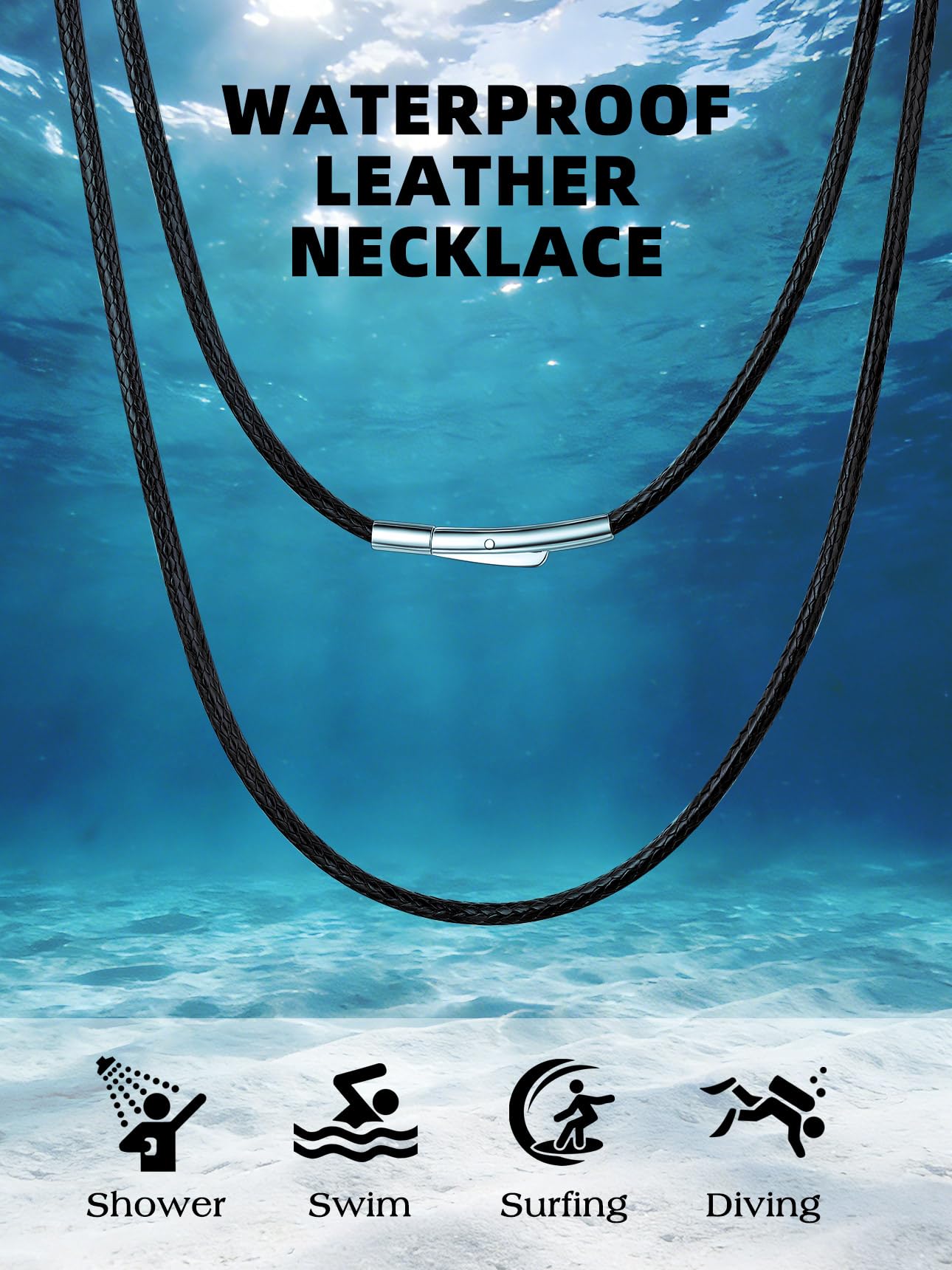 Bestyle 2MM Black Leather Necklace for Men Women,Waterproof Wax Woven Rope Chain with Stainless Steel Clasp, Leather Cord Necklace for Pendants 30"