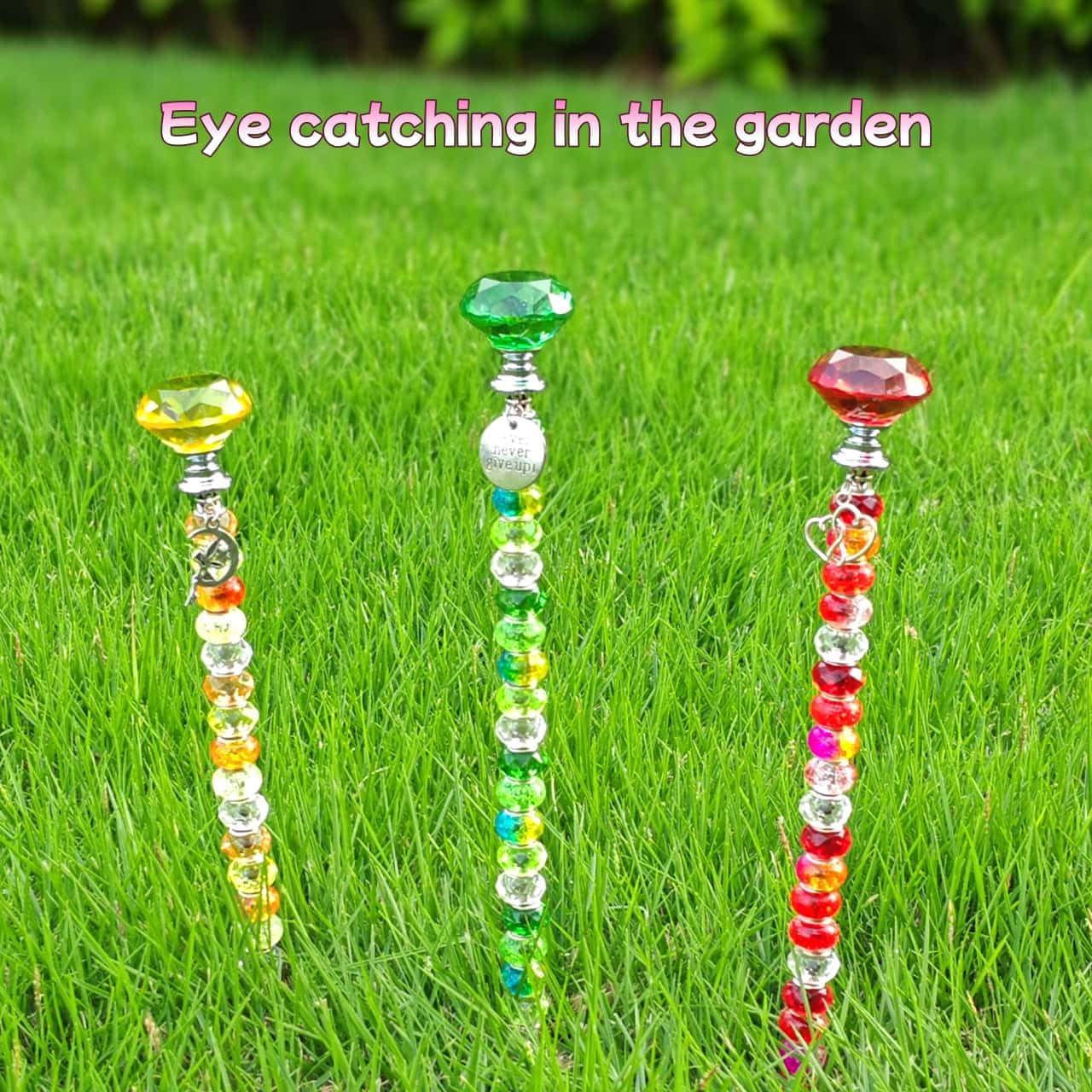ZSlactp 72Pcs Beaded Garden Stakes Kit - DIY Fairy Wand Garden Stake Beads Kit, Fairy Garden Accessories Outdoor for Different Festivals, Garden Stake Decorative Diamond-(Red+Green+Yellow)