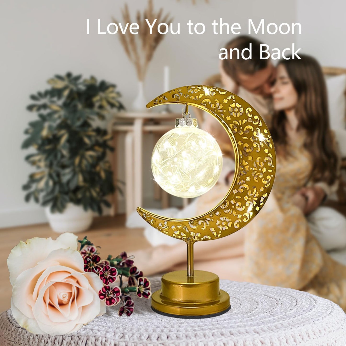 Mayamila Decorative Table Lamp, Crescent Moon Lamp Ramadan Table Decor, Battery Powered Christmas Ramadan Desk Lamp Decorations for Home, Patterned Hollow Out Warm Boho Light for Bedrooms Nightstand