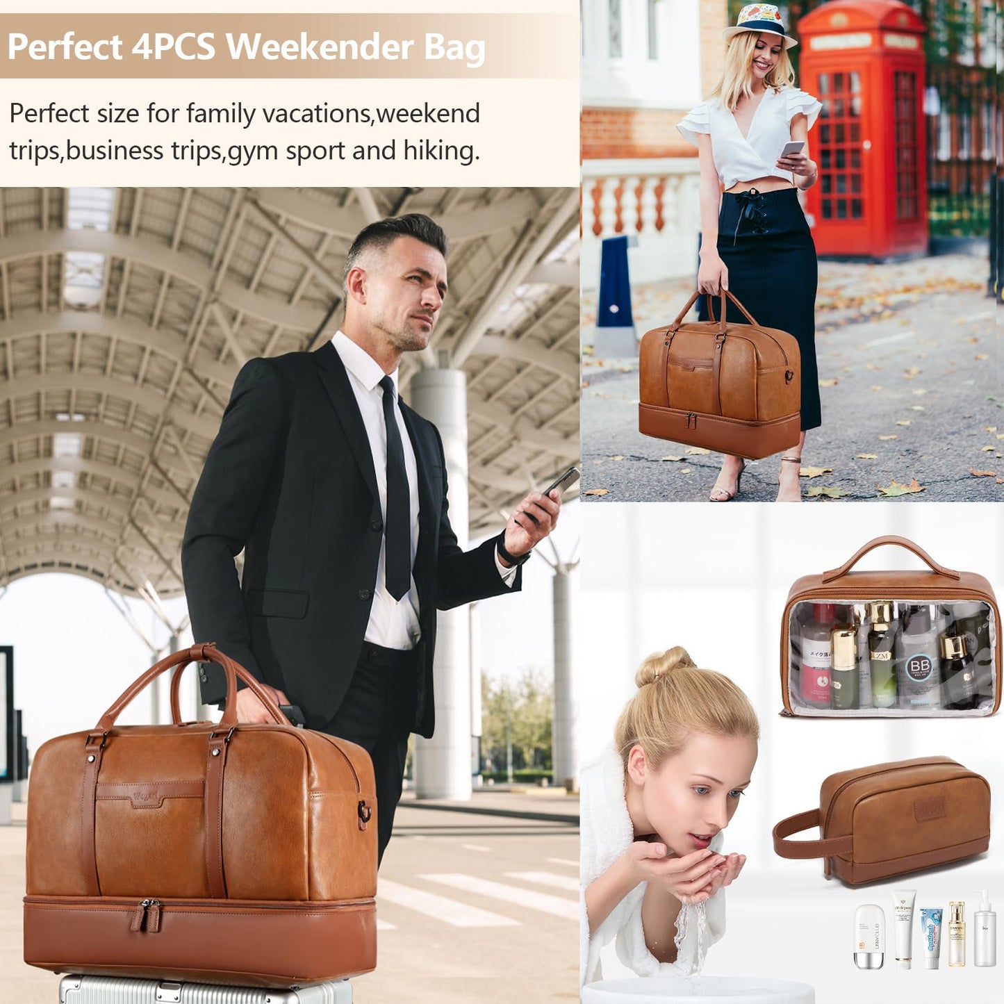 Wogarl Weekender Bag for Women: 4PCS Faux Leather Large Overnight Travel Duffel with Shoe Compartment & Toiletry Satchel Bags Carry On Duffle Fit 21" Laptop (Light Brown)