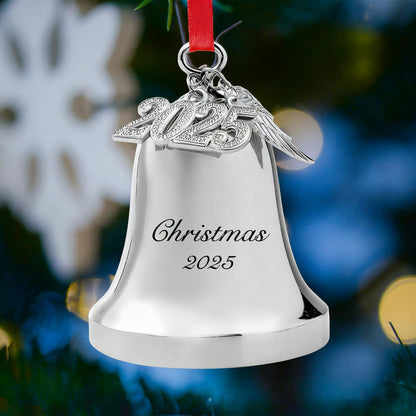 Personalized Silver Christmas Bell Ornament 2026 – Engraved Holiday Bell with Red Ribbon & Angel Wing Charm, Christmas Tree Decoration Gift for Family, Friends, New Home Holiday Keepsake (2026)