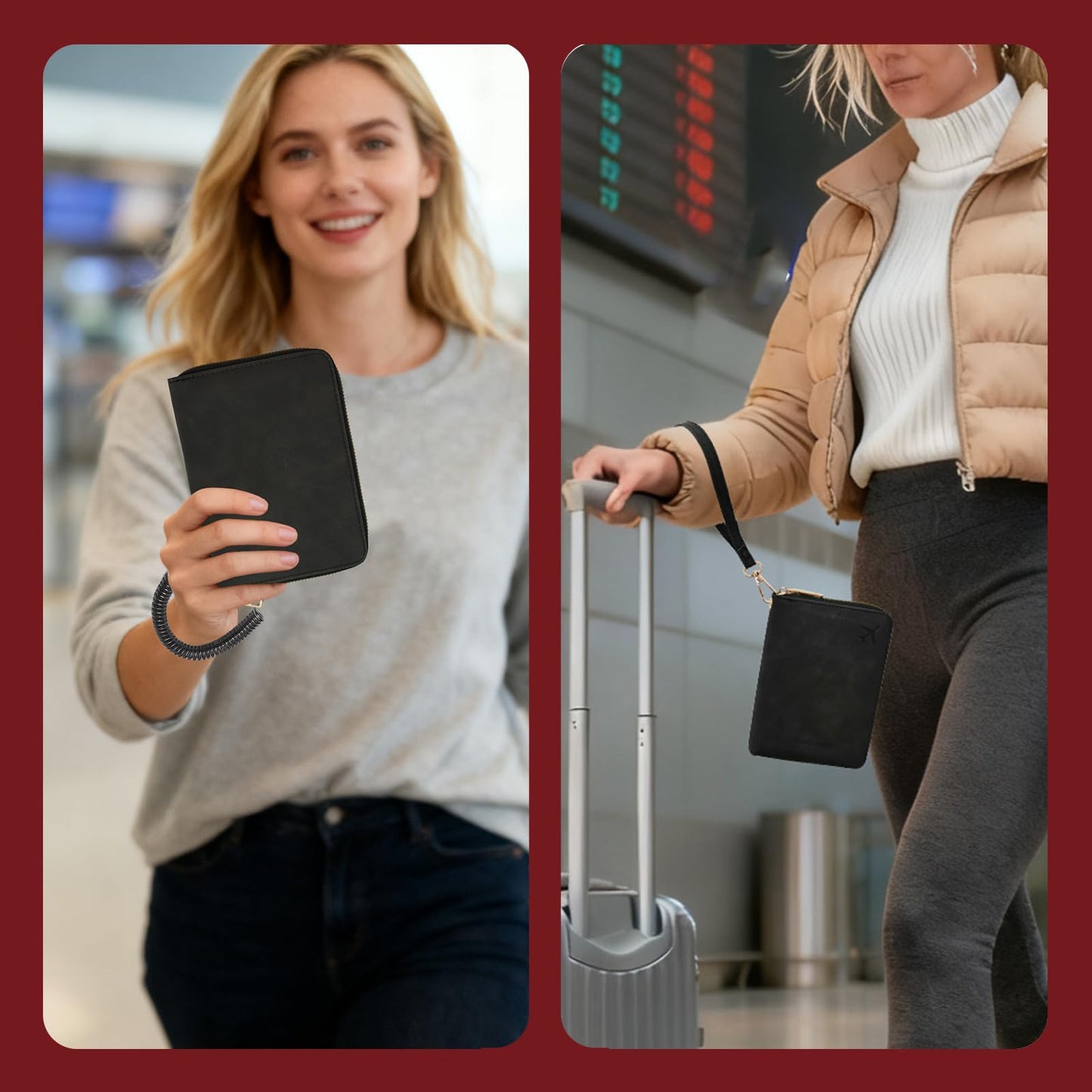 Passport Holder with Tether and Clip to Prevent Loss and Theft, Rfid Passport Holder for Travel, Passport Wallet, Passport Cover for Men and Women (Black - Tether and Clip)