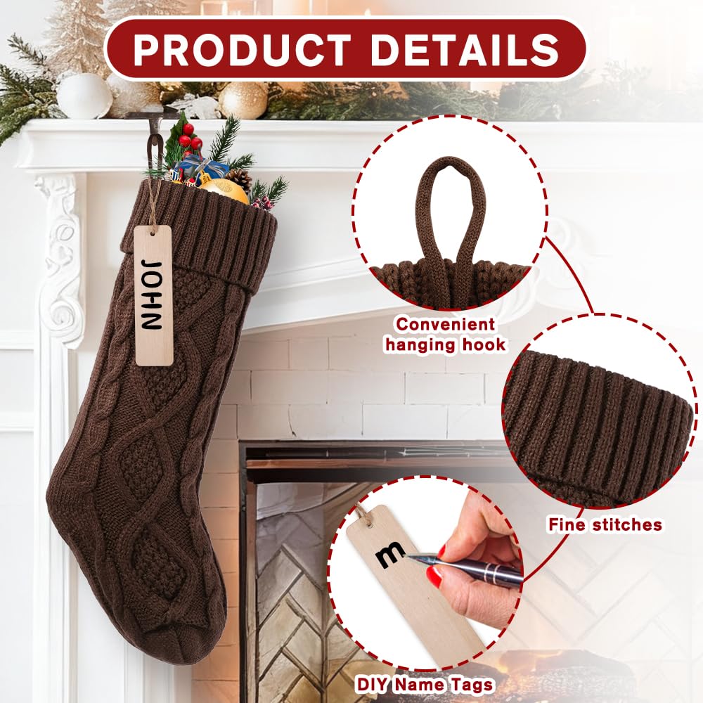 Teeanzo 4 Pack 18 Inches Christmas Knitted Hanging Stockings, Xmas Large Farmhouse Rustic Neutral Cable Knit Personal Stockings Decorations for Christmas Tree Fireplace Family Holiday Party Decor