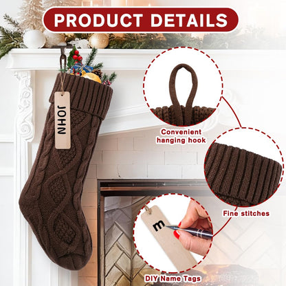 Teeanzo 4 Pack 18 Inches Christmas Knitted Hanging Stockings, Xmas Large Farmhouse Rustic Neutral Cable Knit Personal Stockings Decorations for Christmas Tree Fireplace Family Holiday Party Decor