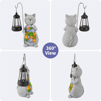 Solar Cat Garden Statue with Succulent Decor Hanging Lantern – Waterproof Resin Outdoor Figurine for Yard, Patio, Balcony – Gift for Cat Lovers, Gardeners