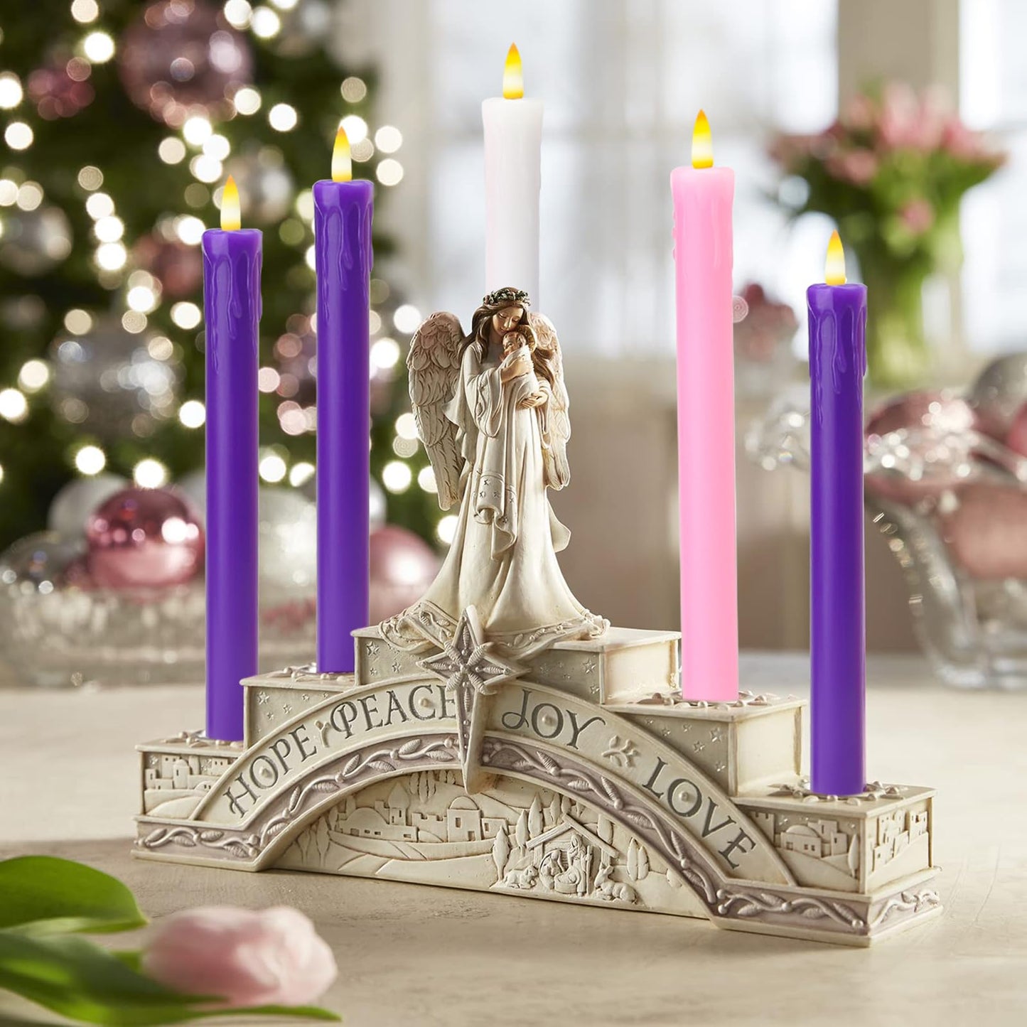 Lezonic Flameless Advent Candles Battery Operated with Remote, Set of 5 Wax Christmas Taper Nativity Candles, LED Advent Wreath Candles for Church Home Christian Decor, 3 Purple & 1 Pink & 1 White