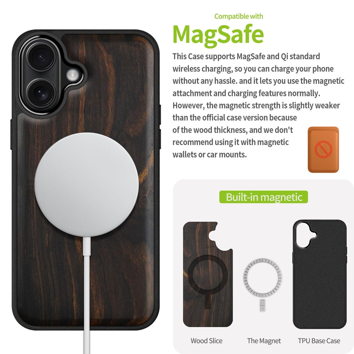 Carveit Magnetic Wooden Case for iPhone 17 Case, Wood Artisan Engraved & Black Soft TPU Shockproof Cover, Compatible with MagSafe Wireless Chargers (Natural Grain) Blackwood