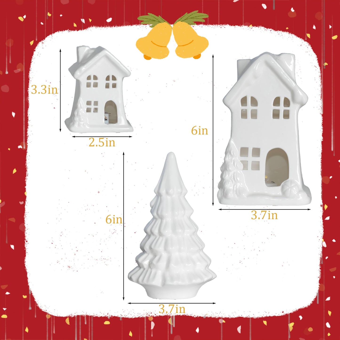 NEROSUN Ceramic Christmas Village Houses, 3Pcs LED Lighted Porcelain White Small House and Xmas Tree Tabletop Figurines, Light Up Christmas Decorations for Home Shelf Cabinet Table Winter Decor
