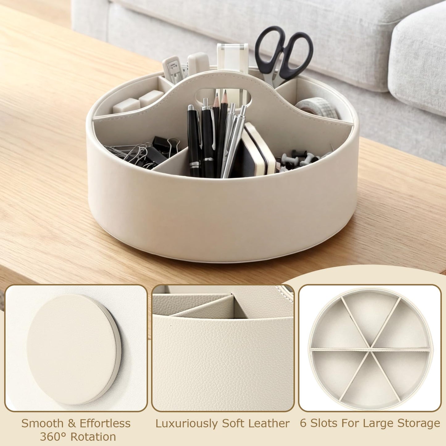 YooNotee 360° Rotating Leather Desk Storage Organizer with 6 Slots and Handle Extra-large Pen Holder Spinning Pencil Storage Lazy Susan Organizer Office Desk Supplies Marker, Art Supply (Beige)