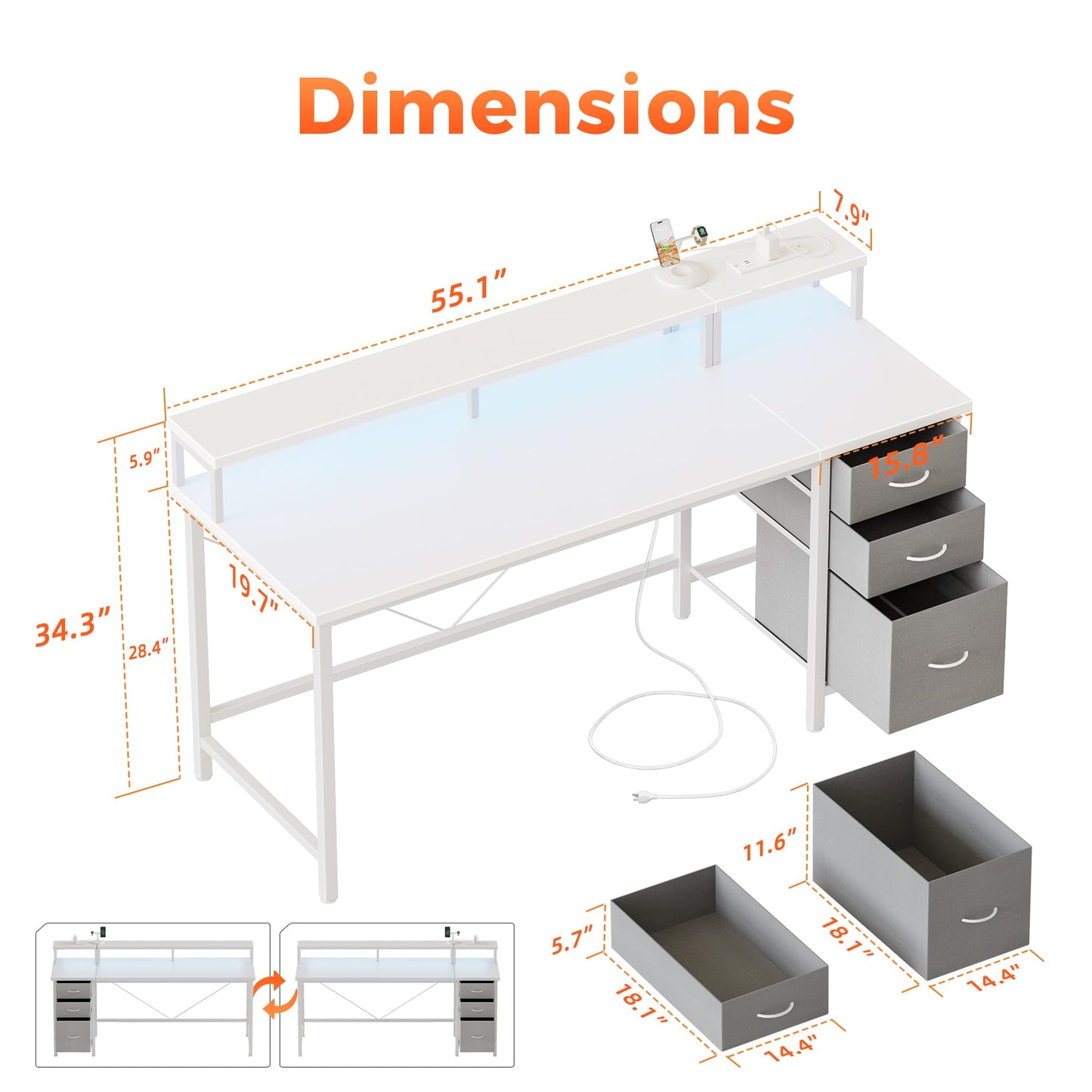 Mericonia Computer Desk 55 inch with Power Outlets & LED Lights, Gaming Desk with 3 Drawers for Home Office, Small Desk with Monitor Stand for Small Spaces, Study Writing Desk