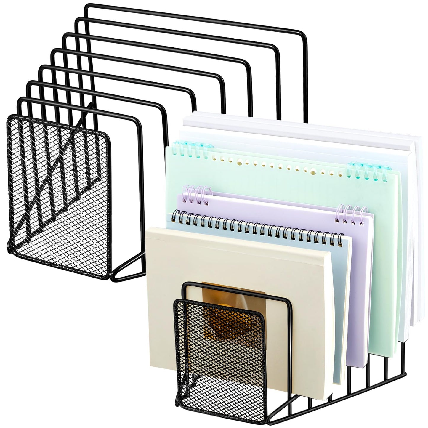 Chivertion 2 Pcs 7 Section Wire File Organizer for Desk, Metal Mesh Incline File Holder, Letter & Magazine Folder Rack, Desktop Paper Sorter for Home Office School (Black)