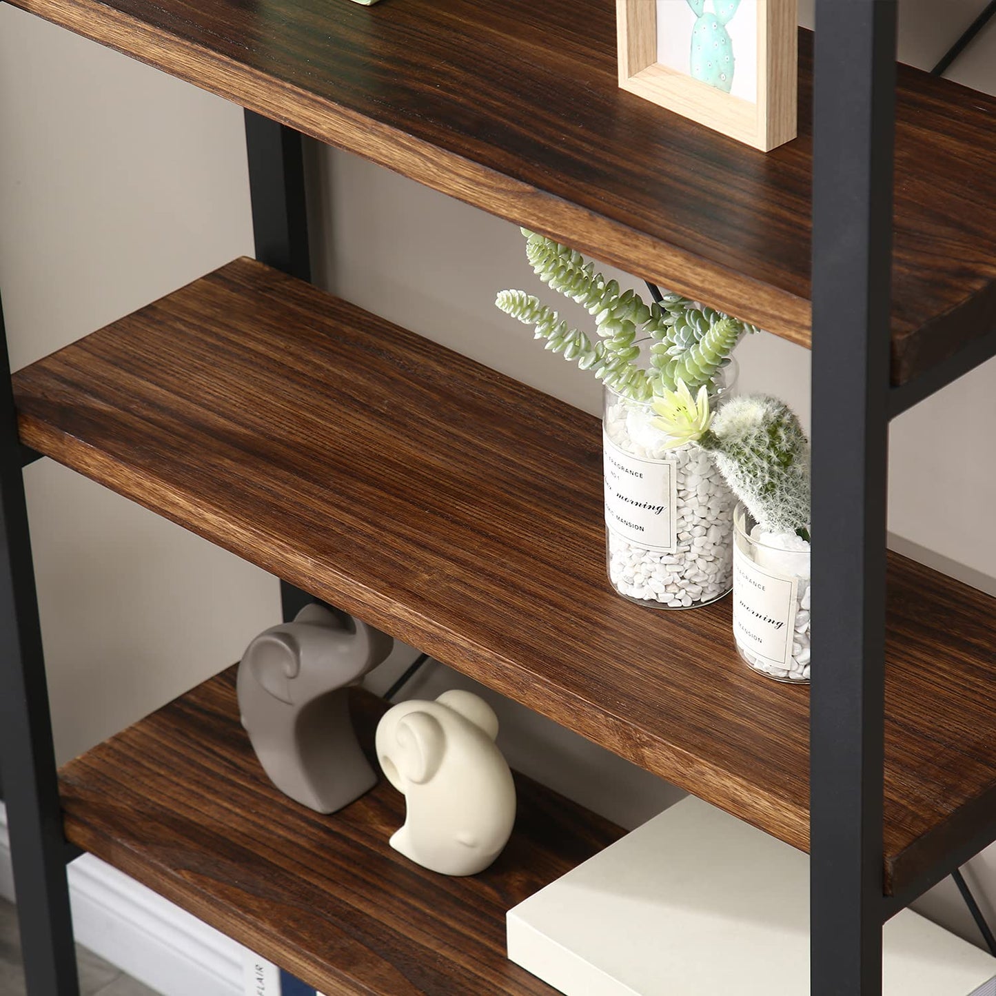 WH-AOERPUMY Solid Wood Bookshelf,4 Tier Rustic Vintage Industrial Etagere Bookcase, Open Metal and Wood Vintage Book Shelf, Retro Brown (RealWood)(4-Tier)