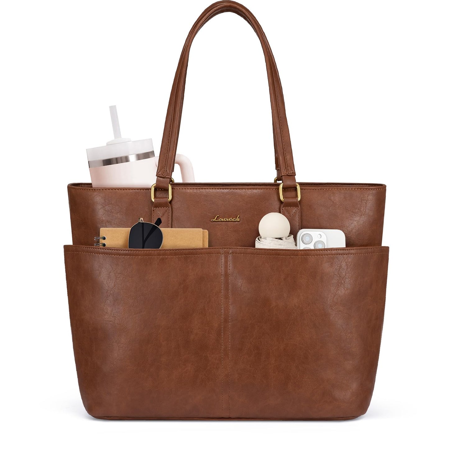 LOVEVOOK Work Tote Bags for Women, Vintage Leather 15.6 Inch Laptop Bag with Large Cup Holder, Teacher Nurse Medical Professional Computer Bag, Office Briefcase Handbag Gift