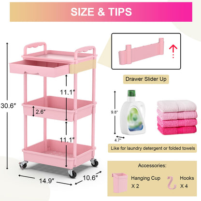 Goovilla 3 Tier Rolling Utility Cart Organizer with Removable Drawer, Stable and Sturdy Black Rolling Storage Carts with 2 Lockable Wheels for Bathroom, Kitchen, Snack, Craft, Makeup, Baby Essentials