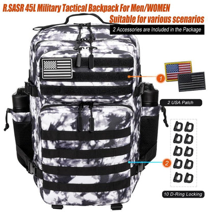 R.SASR 45L Tactical Backpack for Men Women, Military Assault Pack with MOLLE, Large 3 Day Bug Out Bag for Hiking Camping (Black and White)