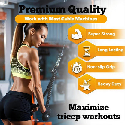 Double Length Tricep Rope for Cable Machines - 55 Inch Heavy Duty Pulldown Attachment, 4ft 7in Gym Strength Training Accessory & Home Workout Equipment (55in)