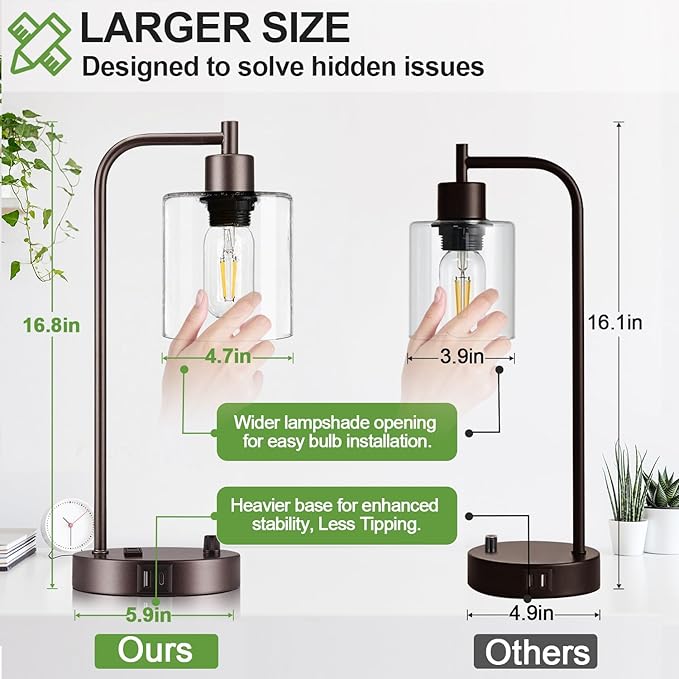 Lynnoland Set of 2 Oil Rubbed Bronze Table Lamps with USB C+A Ports and Outlet, Fully Stepless Dimmable Bedside Lamps, Industrial Desk Lamps with Clear Glass Shade for Living Room (2 LED Bulb)