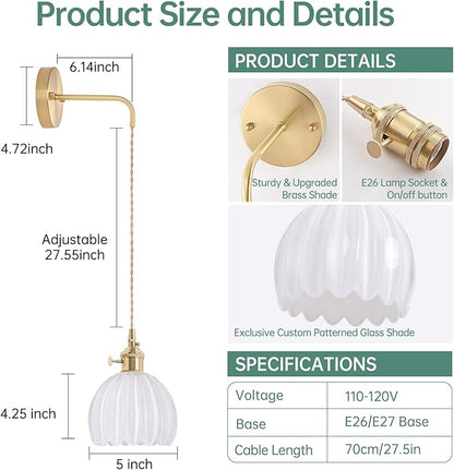 Vintage Wall Sconce with White Tulip Shade Pattern Glass Adjustable Chain Retro Gold Wall Mounted Light, Modern Wall Lamp Fixtures Decor for Bedside Bedroom Indoor Doorway