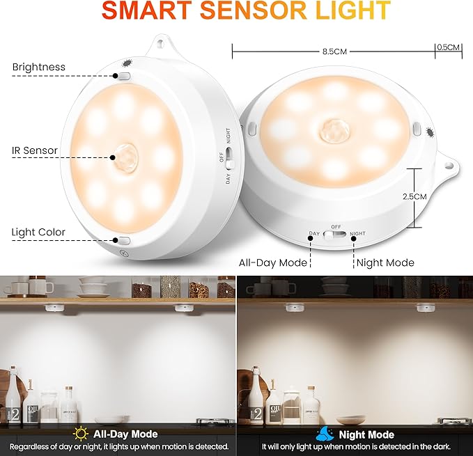 YiaMia Motion Sensor Under Cabinet Lights - 6 Pack, Indoor Smart Sensor Night Light, 3 × AA Battery Operated Wireless Stair Light, Dimmable Puck Lights Suitable for Kitchens, Wardrobes, Hallway