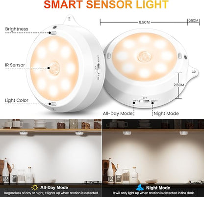YiaMia Indoor Motion Sensor Night Light - 3 Pack, Smart Under Cabinet Lighting, 3 × AA Battery Operated Wireless Stair Light, Dimmable Puck Lights Suitable for Kitchens, Wardrobes, Hallway