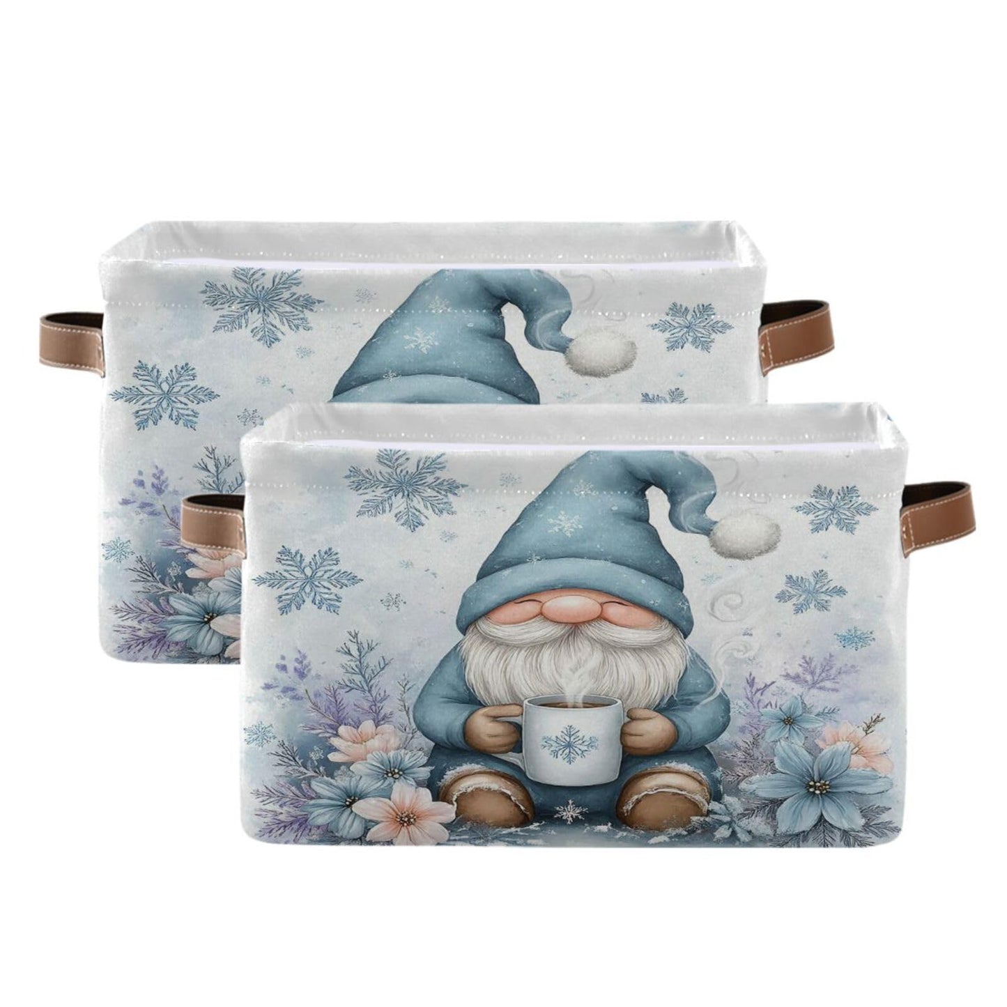 Pfrewn Christmas Winter Storage Basket Cute Gnome White Snowflakes Flowers Collapsible Rectangular Storage Boxes Organizer Shelf Basket Toy Book Storage Bin for Nursery 1 Pack