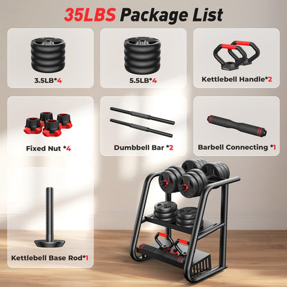 Adjustable dumbbell set,20/35/45/55/70/90lbs Free Weights set with upgraded nut, 5 in 1 Weight Set Used as Kettlebells, Barbell, Push up Stand, Fitness Exercise for Home Gym Suitable Men/Women