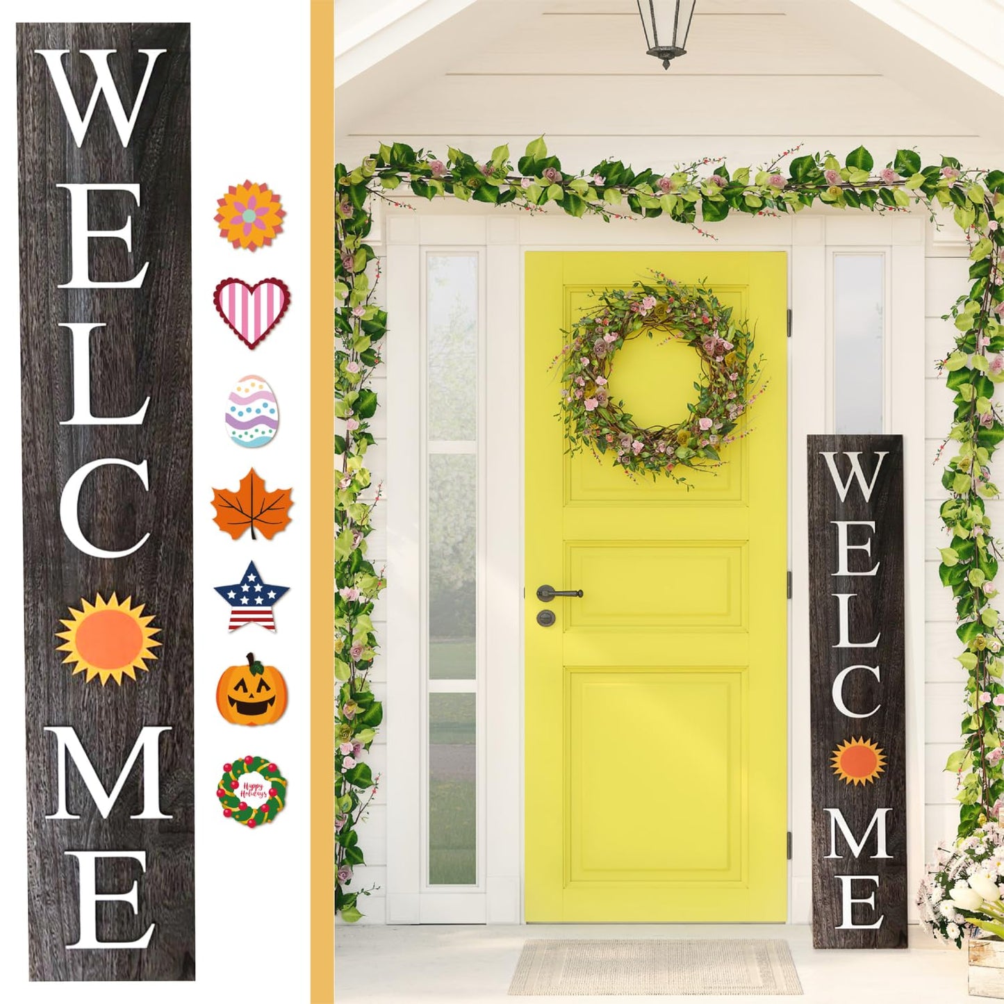 Extra Large 5FT Premium Wooden Interchangeable Welcome Sign for Front Door Porch Sign - 5 ft (58 x 11 Inch) 8 Magnetic Seasonal Tiles, Fall Porch Signs, Holidays and Seasons, Weather Resistance Standing welcome sign Outdoor and Indoor (Gray)