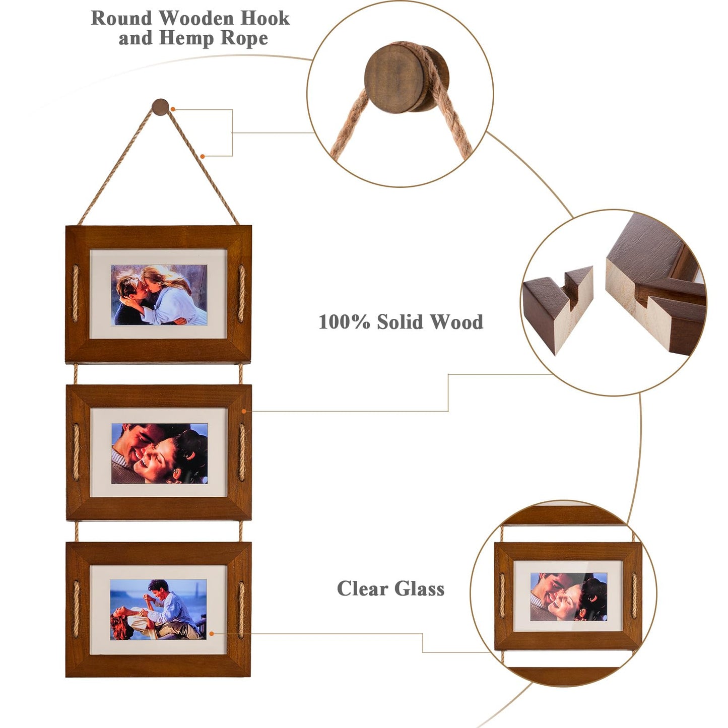 DLQuarts 5x7 Hanging Picture Frames Collage Wall Decor, 3 Opening 5x7 Matted to 3.5x5 Photo Rustic Wood Frame, Dark Walnut, 2 Pack