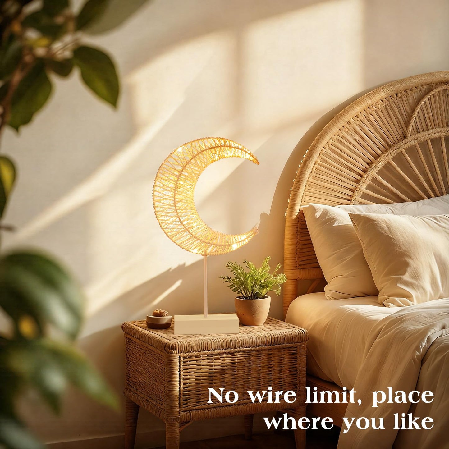 Lewondr Ramadan Decorations Moon Table Lamp, Moon Shape Rattan Ramadan Desk Lamp Battery Powered Light, Winding Thread LED Crescent Light for Home Bedroom Bedside Desktop Eid Mubarak Decorations