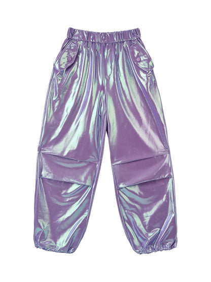 Stelle Girls Metallic Cargo Pants Shiny Hip Hop Dance Joggers Sparkly Stretchy Wide Leg Street Pants for Kids,Iridescent Purple,8-9 Years
