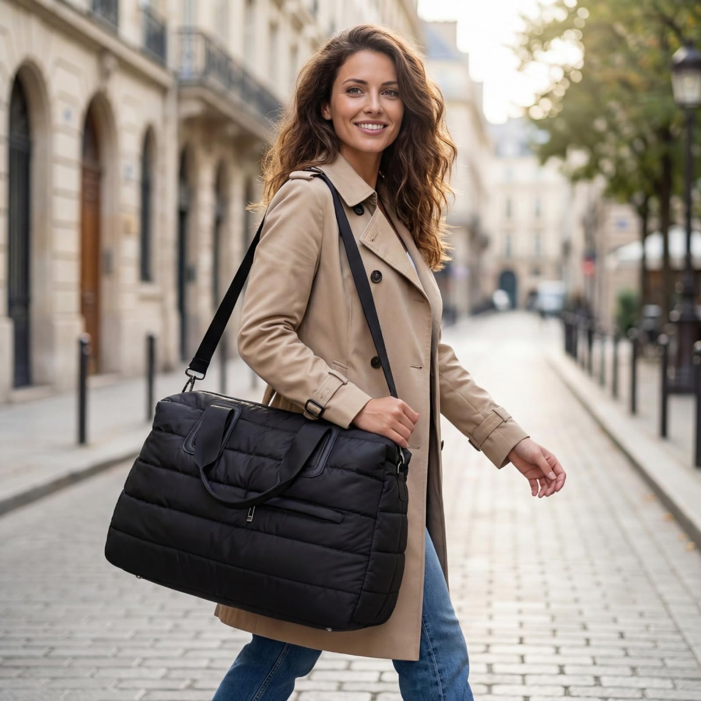 Puffer Weekender Bag for Women, Quilted Duffle Bag with Pouch, Water-Resistant Gym Bag, Large Tote Travel Bag for Hospital Nurse Diaper Bag, Lightweight Carry on Bag, Black