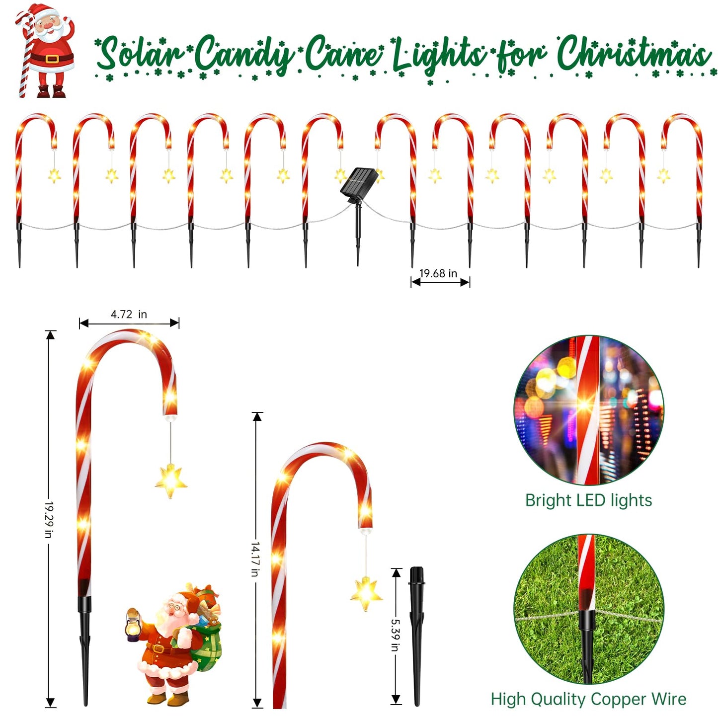 12 Pack Outdoor Christmas Decorations Solar Candy Cane Lights Solar Christmas Pathway Lights Outdoor Waterproof with Star & Bright LED 8 Modes Xmas Decorations for Outside Yard Garden