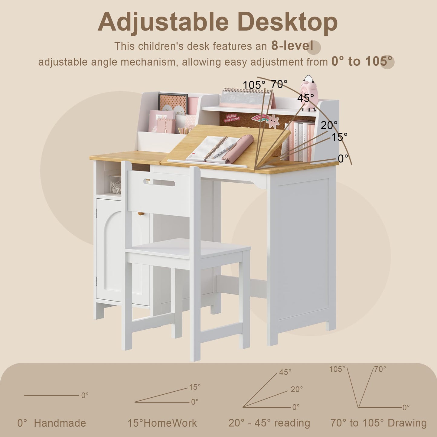 Treocho Kids Study Desk and Chair Set, Kids Desk with Hutch and Tiltable Desktop for 3-8 Years Old, Wooden Children Study Table with Storage Cabinet, Student Writing Desks, Home School, Natural