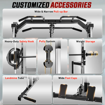 OPPSDECOR All-in-One Adjustable Smith Machine with LAT-Pull Down System Multi-Function Power Cage for Home Gym Cable Crossover Squat Rack of Workout Machine Training Equipment with Attachments