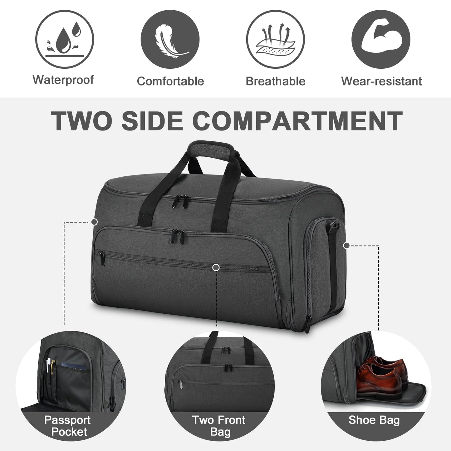 Vagtiivo Travel Garment Bag, 55L 2-in-1 Convertible Carry-On Suit Bag with Full-Zip 360-Degree Protection for Business Travel & Weddings, Hanging Suitcase Duffel Bag, Midnight Grey