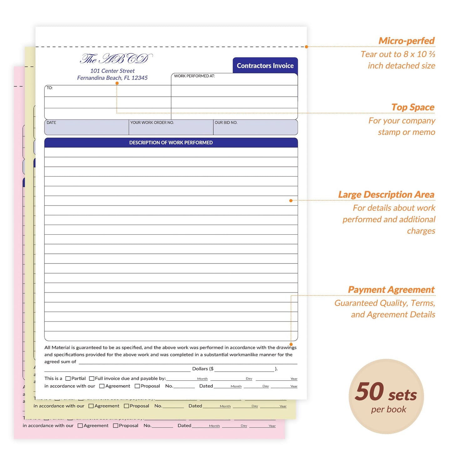 Harfesto Large Contractor Invoice Book, Invoice Receipt Book for Small Business, 3 Part Carbonless Work Order Estimate Forms, 8x11 in, 50 Sets