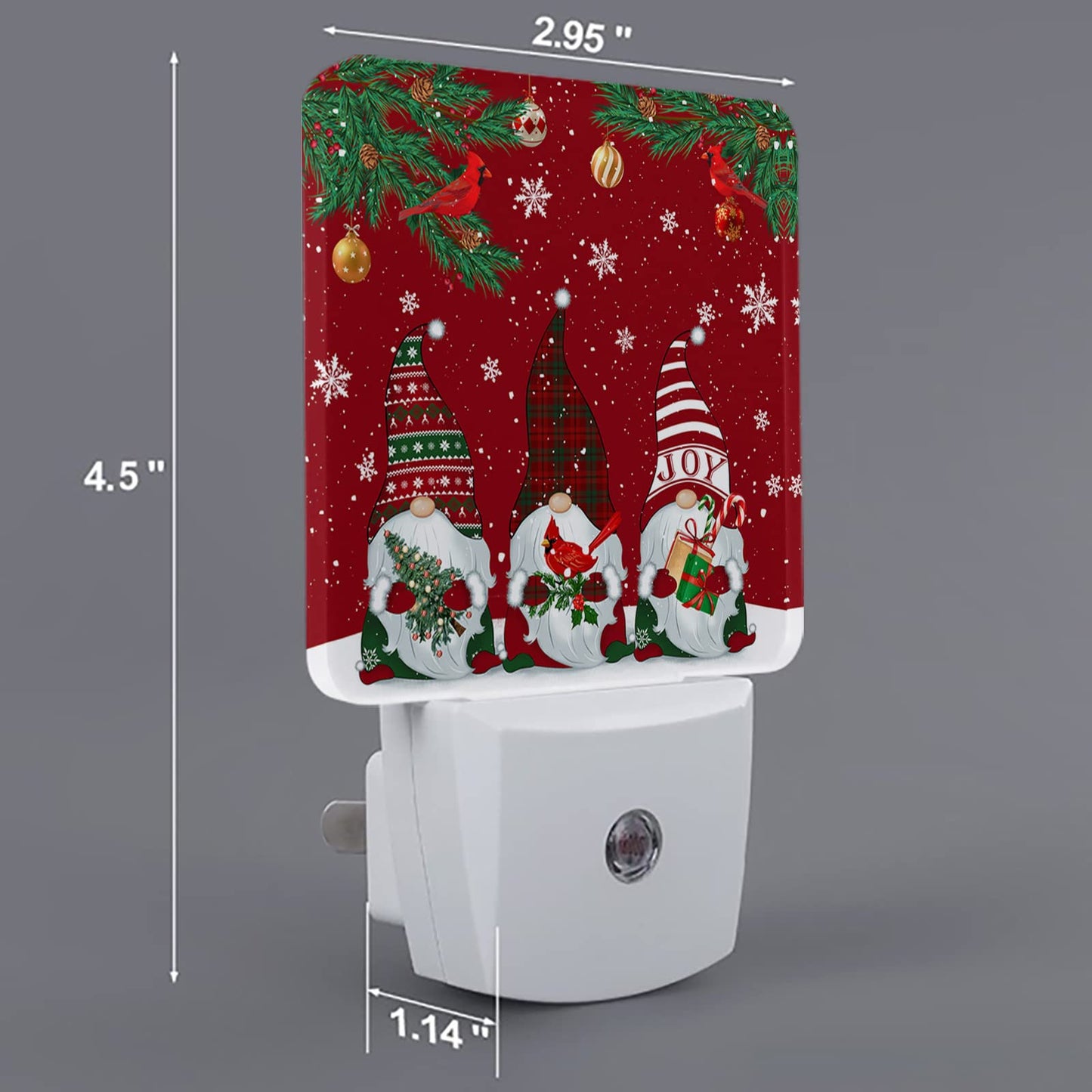 Red Christmas Gnome Cardinals Snowflake Plug-in LED Night Lights Merry Xmas Auto Dusk-to-Dawn Sensor for Bedroom, Bathroom, Kitchen, Nursery, Hallway, Stairs, Wall Home Decor