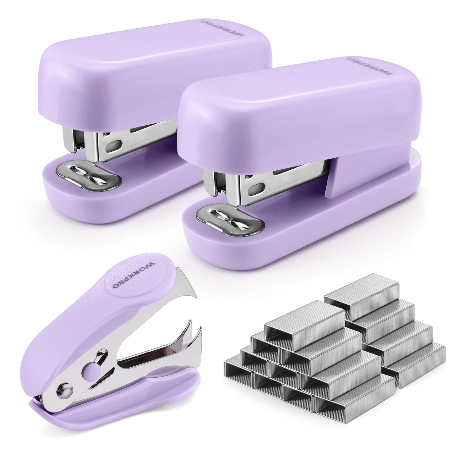 WORKPRO Small Stapler with Staples, Purple Stapler Set Includes Two Mini Staplers, One Staple Remover, 2000 Standard Staples - Cute Staplers for Desk with Non-Slip Base, Lock Design, Colorful