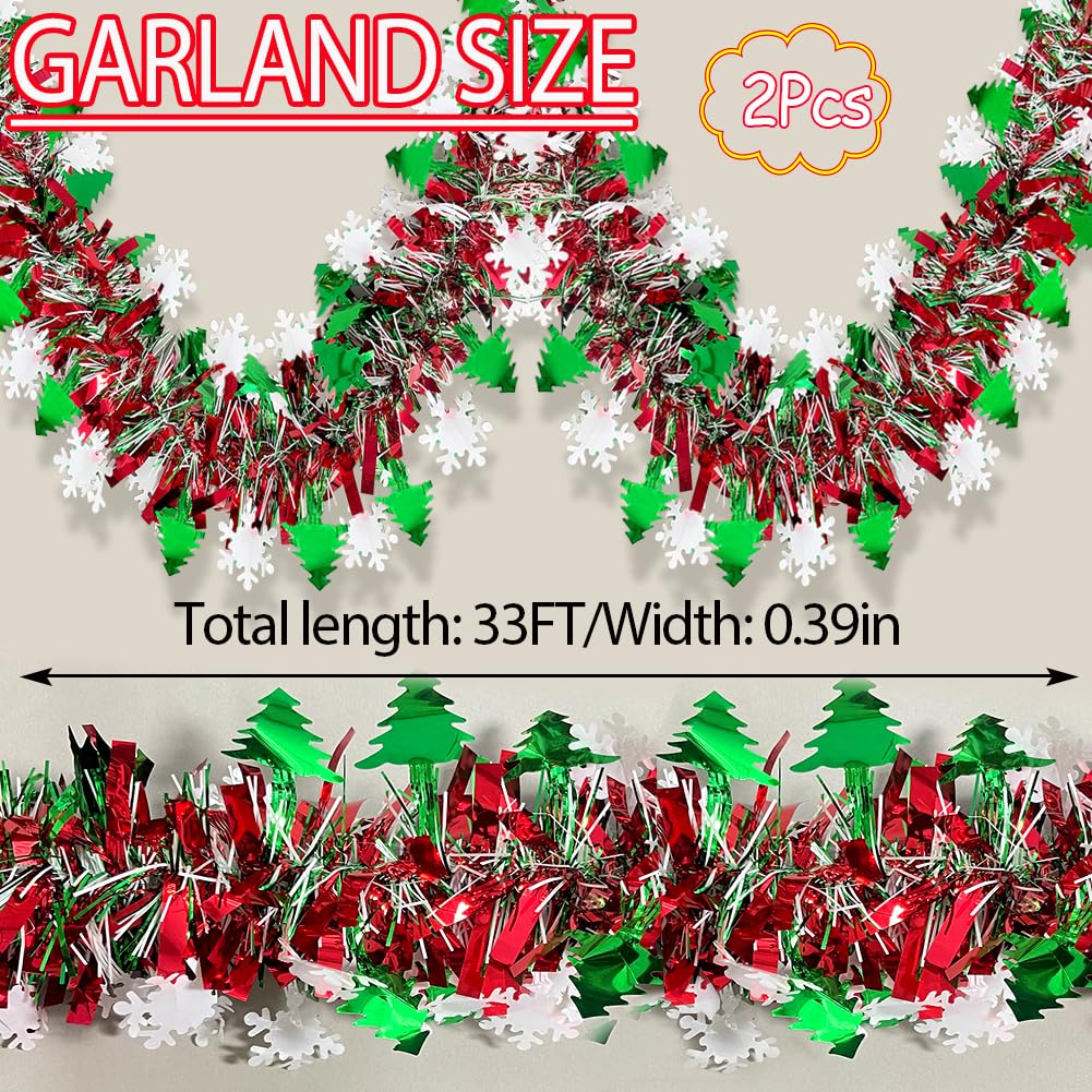 66 Ft Christmas Tinsel Garland Shiny Thick Red & Green with Tree and Snowflake Design Xmas Tree Metallic Twist Hanging Foil Garland for Christmas Birthday Holiday Indoor Outdoor Party Decor