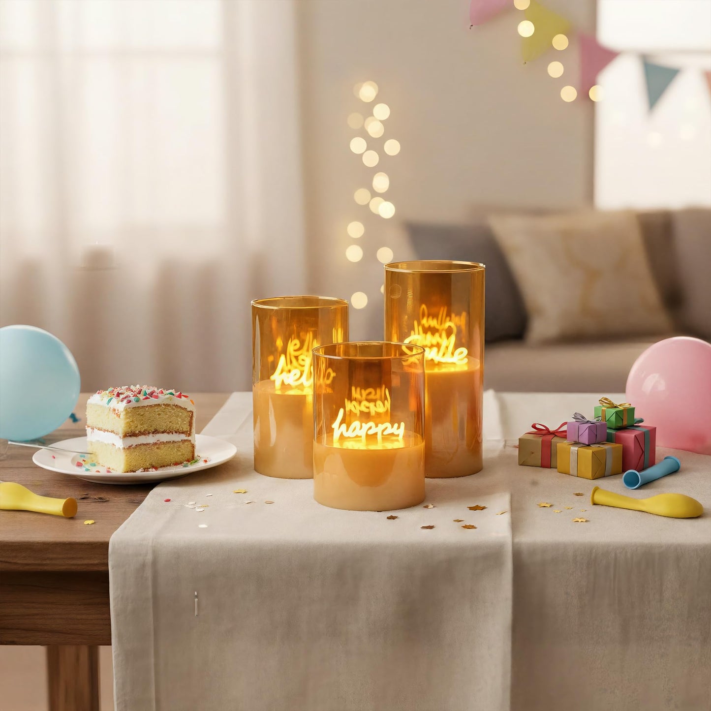 EXORUN Gold Glass Flameless Pillar Candles,LED Fake Candles Battery Operated Set of 3(Hello Happy and Smile)