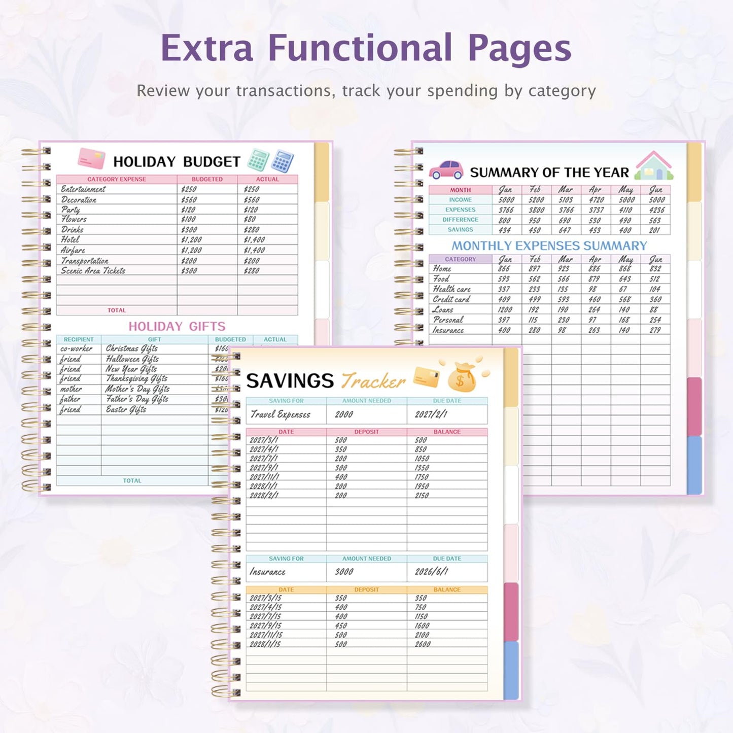 Ospelelf Budget Planner Undated, Money Expense Tracker with Pocket & Stickers, Thick Cardboard Cover, Large Pages for Spacious Writing, Original Fun Colorful Design, 12 Month Financial Notebook, Purple Floral