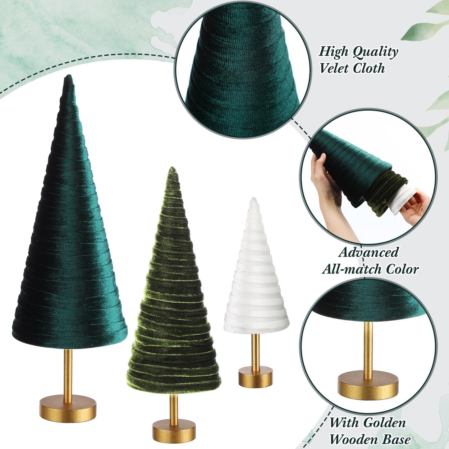 Hoolerry 6 Pcs Christmas Velvet Trees with Gold Pedestal Christmas Velvet Cones Tree Mantel Decor Modern Rustic Winter Home Minimalist for Holiday Entryway Table Wedding Centerpiece (Forest Green)
