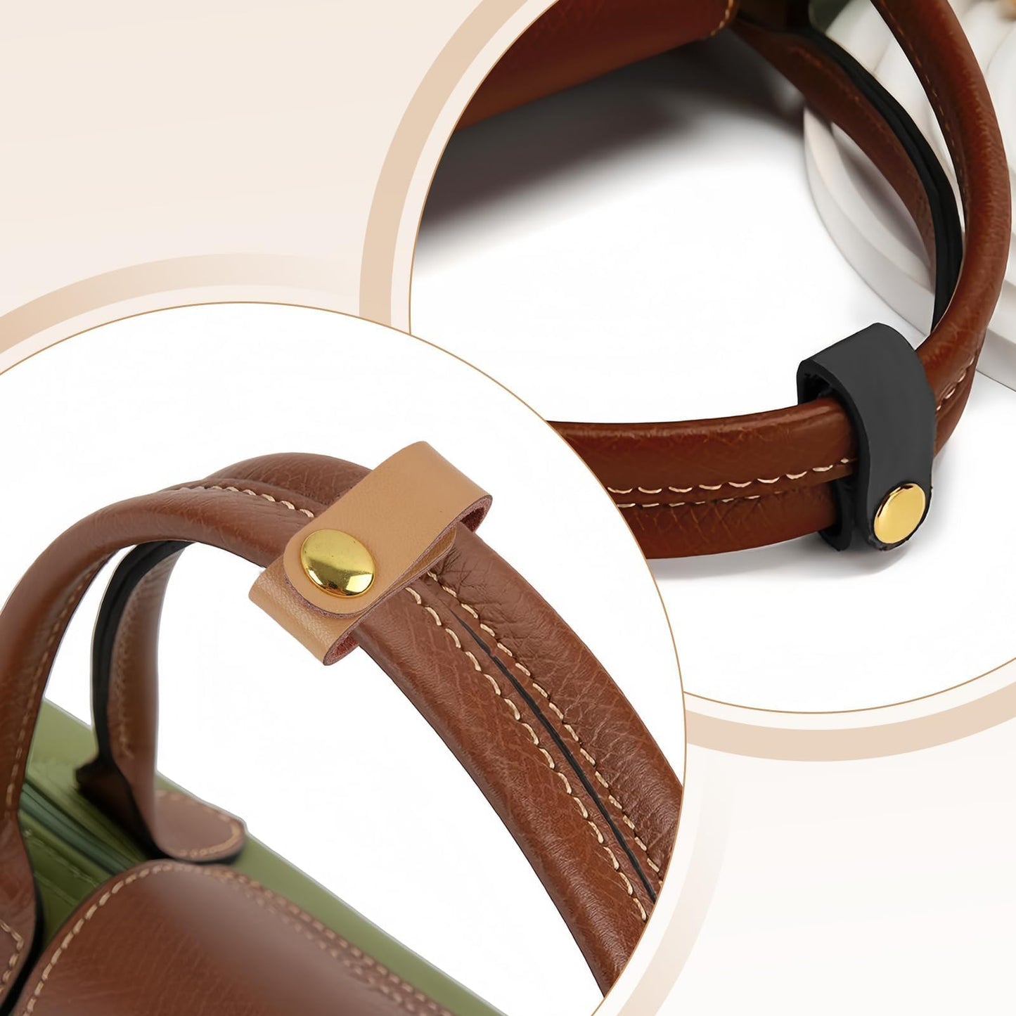 2 Pcs PU Leather Handbag Strap Shortener, Top Handle Keeper with Snap Buckle, Non-Slip Dual Grip Connection Buckle Holder for Shoulder Bag, Purse, Satchel, Clutch, or Wallet (Black and Light Brown)
