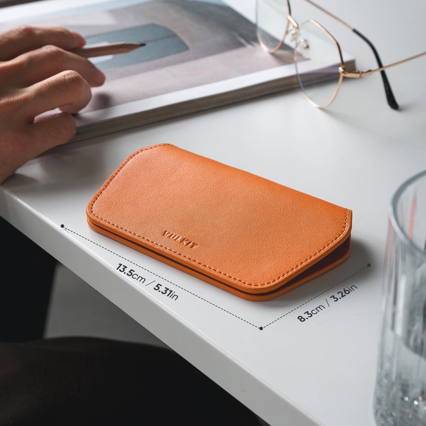 VULKIT Leather Glasses Case, Ultra Slim Sunglasses Case, Two Fixed Modes, Fits Most Eyeglasses & Sun Glasses, Minimalist Slim Design for Men & Women, Tangerine Twist