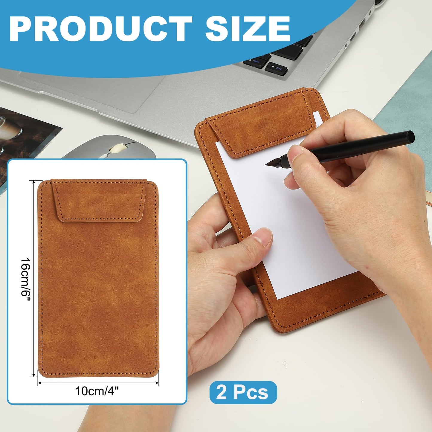 uxcell 2 Pack Mini Clipboard, 6" x 4" Leather Small Clipboard with Pen Holder, A7 Size Magnetic Writing Clip Boards for Business, Office,Restaurant and Hotel (Brown)